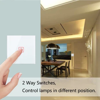Minitiger 1 Gang 2 Way EU Standard Control Wall Touch Screen Switch,biały pasek z kryształowego szkła,wahacz/pass-through przełącznik,2 szt./op.