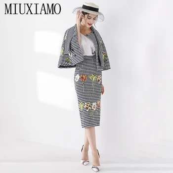 MIUXIMAO 2019 jesień garnitur zestawy 2 szt. moda pełna rękaw kwiat haft cienki żakiet + spódnica zimowy strój Kobiety Vestidos