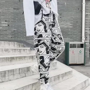 Moda Damska Kreskówka Druku Sznurkiem Spodnie Casual Luźna W Talii Hip-Hop Długie Spodnie Kobiety Harajuku Wysokiej Talii Spodnie