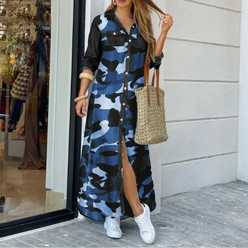 Moda damska z długim rękawem w kwiaty Leopard druku kamuflaż Split hem Maxi koszula Sukienka Damska odzież kobieca sukienka Vestidos 2020
