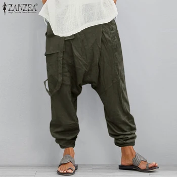 Moda spadek krocze spodnie Damskie przyczynowe spodnie 2021 ZANZEA casual przycisk elastyczny pas Pantalon kobieta Palazzo plus rozmiar rzepa