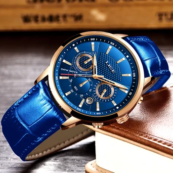 Modne zegarki męskie LIGE Top Brand Luuxury Blue kwarcowy zegarek męskie casual skórzane wodoodporne sportowych chronografów Relogio Masculino