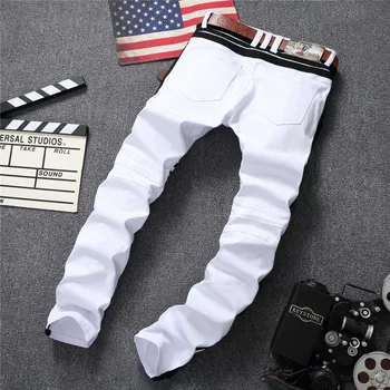 Męskie dżinsy Bezpośrednie nowe markowe podarte białe dziurawe denim jeans z zamkami z boku czarny pasek Męskie spodnie Slim Plus Size spodnie