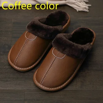 Męskie pantofle czarne nowe zimowe kapcie ze skóry syntetycznej, ciepłe kapciuszki wodoodporne domowe buty męskie ciepłe skórzane pantofle
