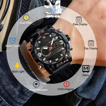 NAVIFORCE zegarki męskie skórzane wojskowe Sportowe kwarcowy zegarek męski podwójny wyświetlacz wodoodporny biznesowe zegarek Relogio Masculino
