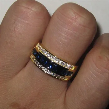 Niebieski Kryształ szafir kamienie AAA Cyrkon diamenty pierścionki dla mężczyzn kobiet złoty kolor bague biżuteria bijoux party akcesoria prezent