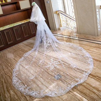 Niesamowita dwuwarstwowa luksusowej koronki welon ślubny z kwiatów o długości 4 metry ślubny dla nowożeńców z гребенчатым siekierą