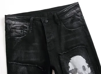 Nowa dostawa męskie obcisłe jeansy Slim Fit stretch podarte jeansowe spodnie moda wzór druku otwór czarne rowerzysta jeans markowe ciuchy