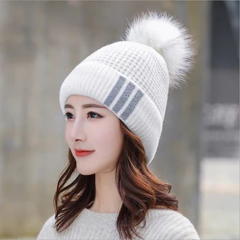 Nowa Jesień Zima kobiety Kintted kapelusze ciepły duży pompon czapka czapki dla dziewczyn moda uniwersalny drutach grube Skullies kapelusz Damski czapka