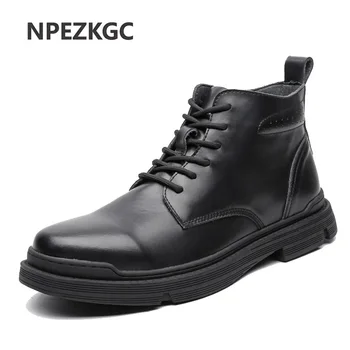 Nowe buty z naturalnej skóry męskie jesienno-zimowe rocznika motocyklowe buty męskie śnieżne kostki wysokie górne męskie buty duże rozmiary 38-48