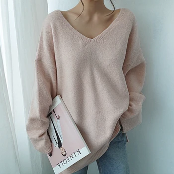 Nowy 2021 Jesień Zima Damskie sweter V-neck z długim rękawem topy modny koreański styl drutach codzienny różowy SW8108