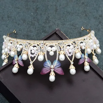 Nowy Projekt Mała Księżniczka Słodkie Nakrycia Głowy Złoto Metal Motyl Sztuczna Perła Kryształ Tiary Korony Kobiety Urodziny Biżuteria