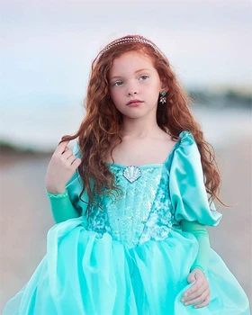 Nowy Rok Syrenka Kostium Halloween Dziecko Księżniczka Ariel Sukienka Puszyste Dziewczyny Zielony Przekładany Rękaw Sukienka Urodziny Sukienkę Dziecko