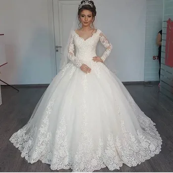 Nowy romantyczny V-neck elegancka Księżniczka luksusowy suknia ślubna 2019 gorące długie rękawy gwiazdy suknia vestido De Noiva