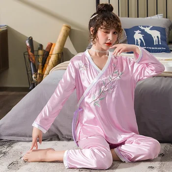 Nowy strój chiński styl piżamy zestaw spodnie z długim rękawem, bielizna nocna bielizna print strona ubrania wiosna i jesień