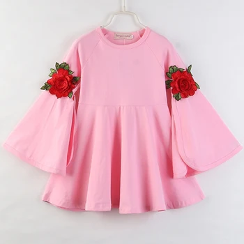 Odzież dla dziewczynek stałe sukienka w haftowane kwiaty spalony rękawa Dziecięce, sukienki dla dziewczynek jesień butik odzież Dziecięca od 2 do 6 lat