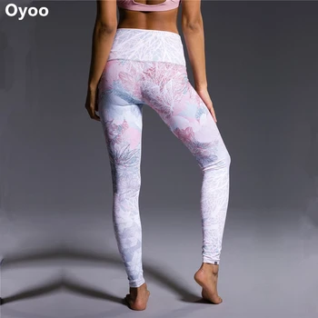 Oyoo kwiatowy print wysoka talia sportowe legginsy piękne kobiety strój sportowy szeroki pas spodnie do jogi pełna długość fitness legginsy odzież sportowa