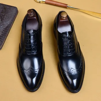 Pełna Ziarnista Skóra Mężczyźni Retro Włoski Design Męskie Броги Modelowe Buty Ze Skóry Naturalnej Buty Ślubne Ręcznie Robione Dla Mężczyzn