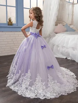 Piękne fioletowe i białe sukienki dla dziewczyn-dziewczyny kwiaty z koronki koronki łuki teatralizowane sukienki dla dzieci, suknie ślubne dla dziewczyn