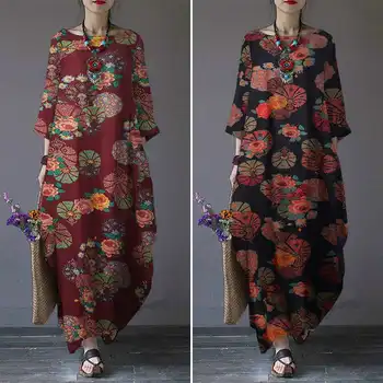 Plus rozmiar kobieta kwiatowy sukienkę 2021 ZANZEA Vintage jesień maxi sukienka codzienne z długim rękawem drukowanych Vestidos damski bawełniany szlafrok
