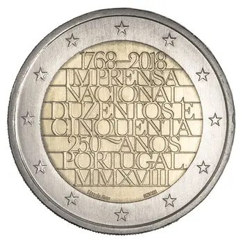 Portugalia 2 Euro 2018 UNC Coin Narodowa drukarnia 250 lat prawdziwe oryginalne pamiątkowe monety bimetaliczne przedmioty kolekcjonerskie