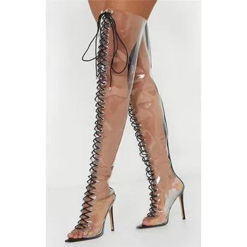 PVC krzyż Peep Toe uda wysokie buty seksowne brodawki przezroczyste Modne damskie buty czarny biały Szpilki buty na obcasie 12 cm 2020