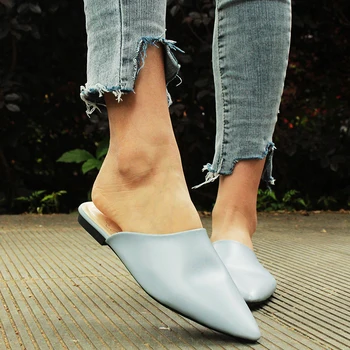 Płaskie buty 2020 moda muły dla kobiet sztuczna skóra Ostre skarpety antypoślizgowe na klapki damskie pantofle letnie sandały buty Damskie