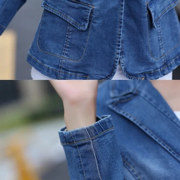 QAZXSW 2019 New Woman Jeans Żakiety Slim Denim Jacket Full Sleeve Jeans Jacket Single Button Fashion Slim OL Suit Żakiety YX8874