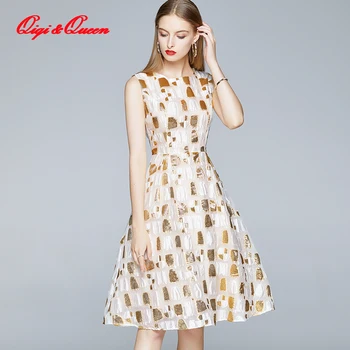 Qiqi&queen jesienne жаккардовое sukienka bez rękawów Work Casual Party French style Printing Women Dresses-A-line Vintage Vestidos