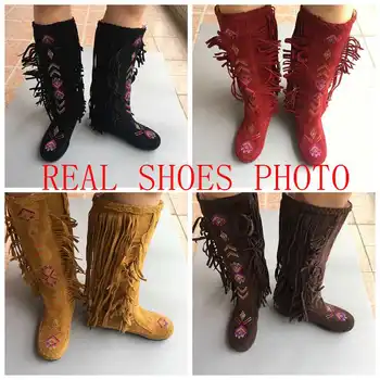 REAVE CAT Fashion Nation Style Flock Leather Women Fringe Flat Heels Long Boots Woman wiosna jesień pędzel buty do kolan