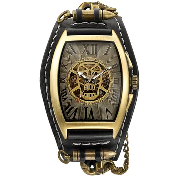 Relogio masculino automatyczne zegarki męskie rocznika brązu czaszki Mechaniczne zegarki klasyczne kowbojskie zegar z naturalnym skórzanym paskiem zegarek