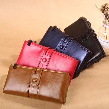 RFID portfele wysokiej jakości olej wosk skóra długi portfel kobiety retro Lady portfel damskie portfele posiadacz karty sprzęgło Carteras Man 2020
