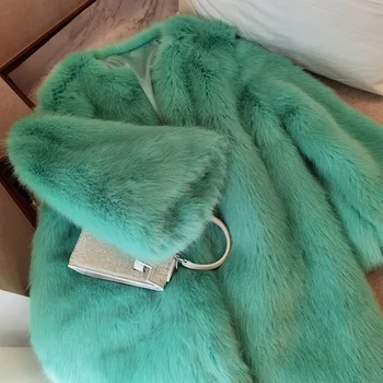Rozgrzać kobiety zima turkusowo zielony włochaty kudłaty sztuczny Lisie futro kurtka elegancki długi rękaw puszyste płaszcz elegancki partii kurtki