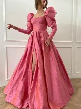 Różowe Pomruki Koralikami Suknia Z Długimi Rękawami I Разрезной Otwartej Spódnicy Suknia Z Tafty Zmysłowa Sukienka Vestidos Robe De Soiree