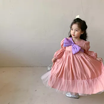 Różowy wielki łuk Księżniczka sukienki dla dzieci dzieci dziewczyny jesień eleganckie sukienki siatki garnitur dzieci Paryt Oufit 3-7y