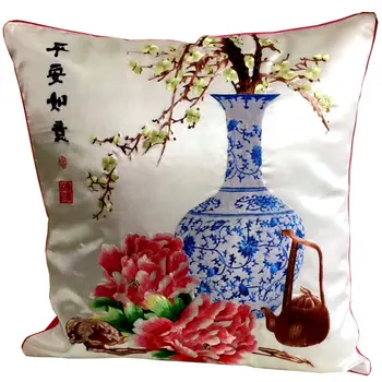 Ręcznie wykończone jedwab morwy Suzhou haft sofa fotelik poszewka poszewka, piwonia i Wazon 45cm*45cm