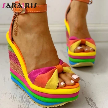SARAIRIS new Ladies Wedges High Heels Shoes Woman Ankle Strap party Shoes open toe Platform Rainbow Summer Sandals Women 2020