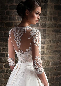 Satynowa głębokie V-neck A-Line suknie ślubne z koronkowymi aplikacjami rękawy suknia ślubna z kieszeniami, Vestido de Noiva
