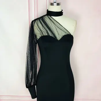 Seksowne czarne sukienki koktajlowe na jedno ramię z długim rękawem, iluzja szyi bezpośrednie kobiety dama wieczorowa sukienka mini tkanina ESAN333