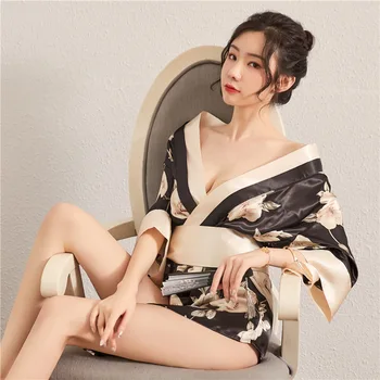 Sexy japoński mundury kobieta spódnice zestaw bielizny seks rozmiar z pasa stringi kwiatowy szlafrok krótki kimono szlafrok szlafrok nocny