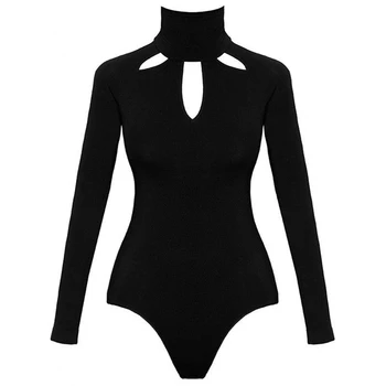 Sexy Kobiety Boysuit Pajacyki Hollow One-Pieces 2020 Wiosna Jesień Z Długim Rękawem Z Wysokim Kołnierzem Bodycon Body Suit Damskie Kombinezony