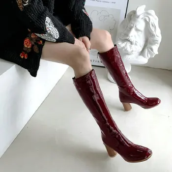 Sianie Tianie 2020 wysokiej jakości białe wino czerwone lakierowana sztuczna skóra damskie deszczowe buty przez cały blok wysokie obcasy damskie buty do kolan