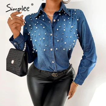 Simplee High street pearl gradient jeansowa koszula damska z długim rękawem, na guziki bluzka damska moda casual damskie koszule jesień 2020