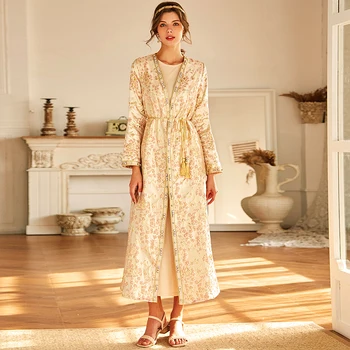 Siskakia Dubai Kimono Abaya Dress for Women Golden Floral Diamond etniczny Marokańska kaftan arabska muzułmańska Turcja Islamski odzież