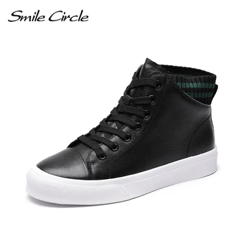 Smile Circle Cow leather Women white Sneakers Casual Flat platform Ladies High-top Shoes Fashion Women ' s Shoes