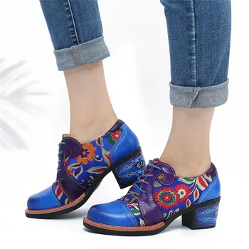 SOCOFY Damskie buty kwiatowy haft skóra носимая sznurowanie Casual buty na obcasie buty casual street buty Botas Mujer