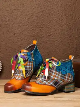 SOCOFY Shoe retro wygodny okrągły nosek skóra łączenie kratkę tkaniny kolorowe klapki zamek masywny obcas botki moda krótki butów