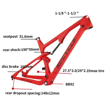 Spcycle Carbon Full Suspension Frame 27.5 er Plus 29er MTB Mountain Bike Frame BB92 148*12mm Boost 27.5+