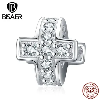 Sprzedaż BISAER 925 srebro krzyż Wiara koraliki CZ zawieszenia, nadające się do DIY kobiet Uroku bransoletki biżuteria akcesoria ECC1292