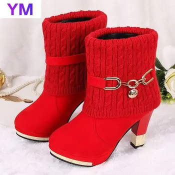 Sprzedaż czerwone buty na wysokim obcasie damskie botki damskie krótkie buty Damskie buty na platformie z okrągłym czubkiem Slip on Slim Jesień/Zima buty